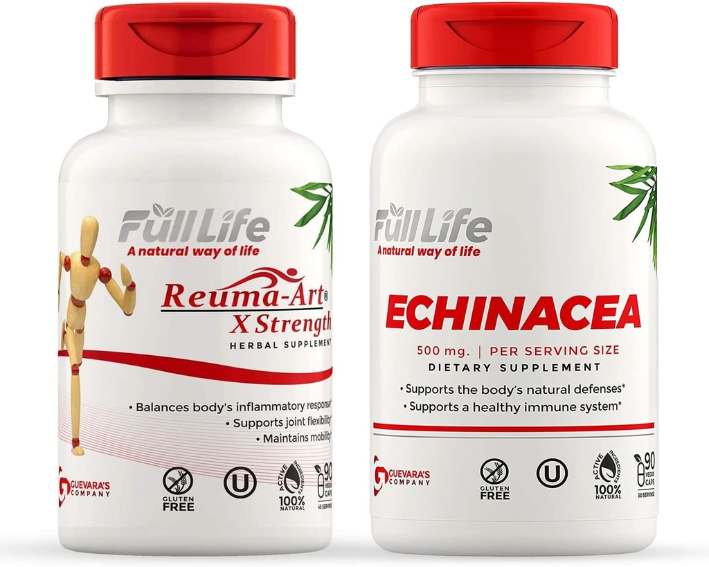 Full Life Reuma-Art X Strength and Echinacea Capsules - Joint Support Supplement - Echinacea Purpurea Extract - Kosher, Gluten-Free - 90 Veggie Capsules Cada uno