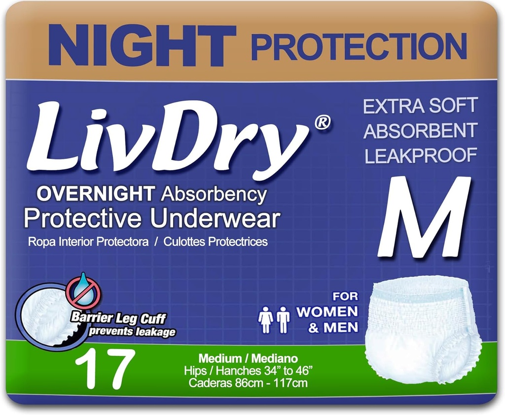 Ropa interior LivDry Adult M Incontinence, Absorbence Comfort, Protección de Leak, Media, 17-Pack
