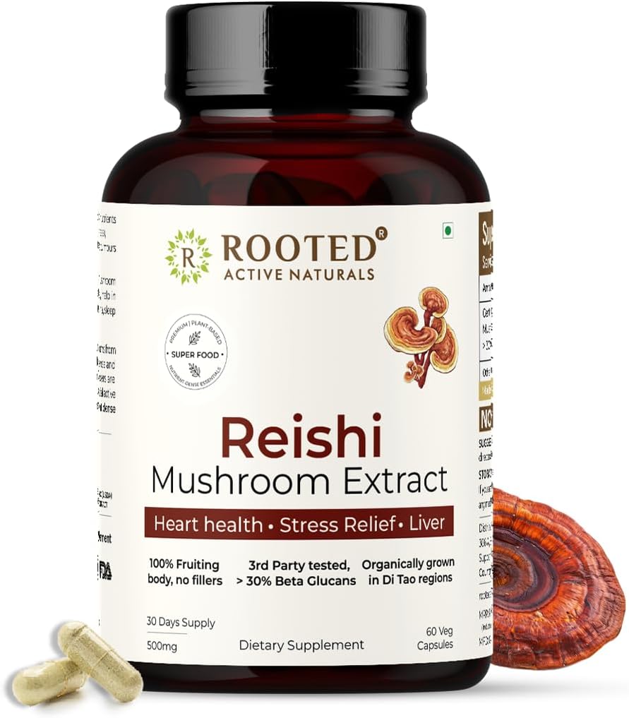 ROOTED Reishi Mushroom Extract Capsules (60 Veg Caps, 500 mg)  durable Heart Health, Stress Relief, Liver. USDA Organic, 30% Beta Glucans, Certified Organic