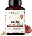 ROOTED Reishi Mushroom Extract Capsules (60 Veg Caps, 500 mg)  durable Heart Health, Stress Relief, Liver. USDA Organic, 30% Beta Glucans, Certified Organic