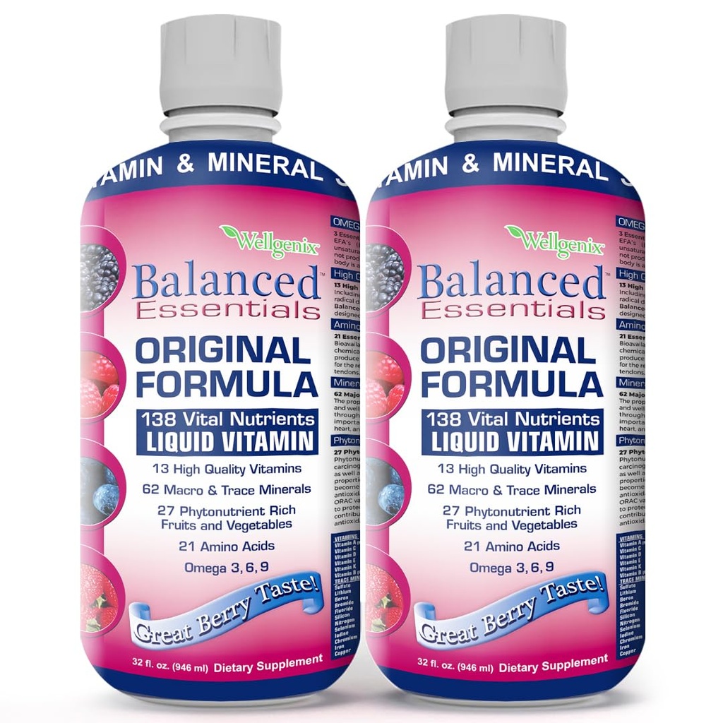 Wellgenix Balanced Essentials Plus Nueva Fórmula - Berry Flavor 32oz (Pack of 2) - Vitamina Líquida - Suplemento Multivitamínico Completo - Immune Boosting &amp; salud general - Adultos, Niños, Toddlers