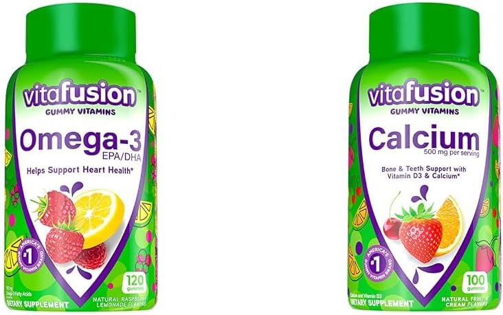Vitafusion Omega-3 Gummy Vitamins, Berry Lemonade Flavored, Heart Health Vitamins(1) & Chewable Calcium Gummy Vitamins for Bone and Teeth Support, Fruit and Cream Flavored
