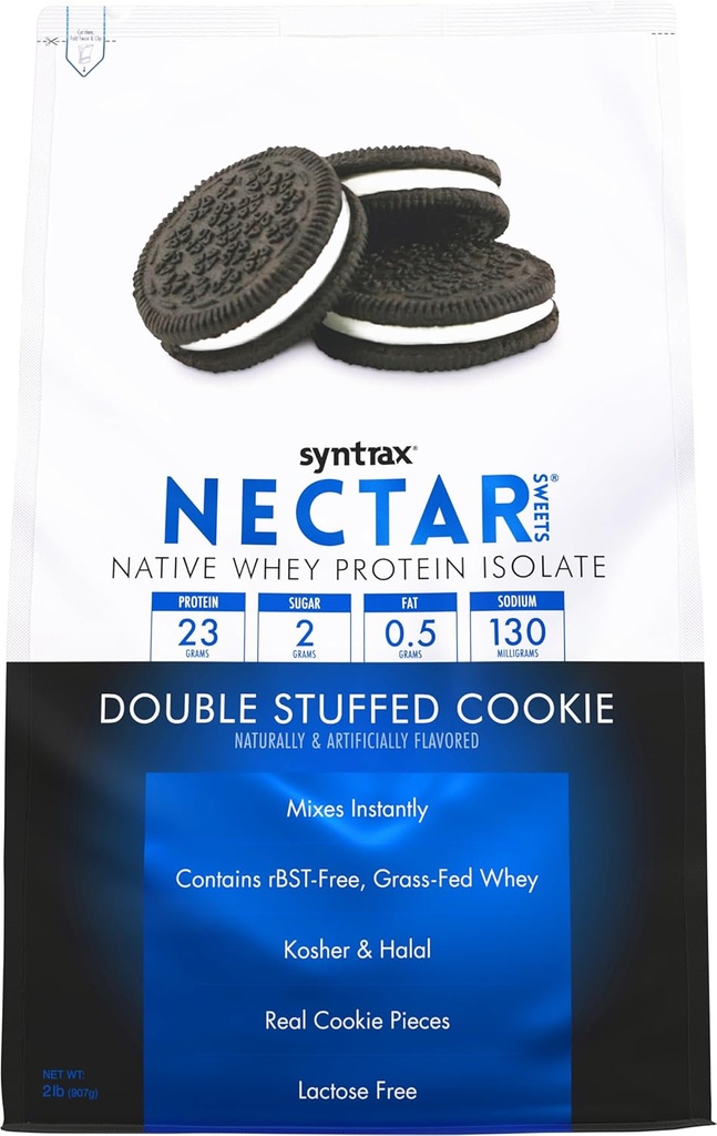 Sintrax Nutrition Nectar Sweets, 100% Whey Isolate Protein Powder, Double Stuffed Cookie, 2 lbs. w/Real Cookie Pieces.