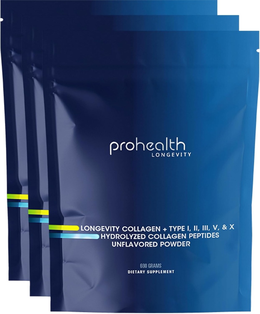 ProHealth Longevity Collagen Peptides Powder - para personas mayores de 40. 20g Multi Collagen. 2g Pro-Collagen. Ácido hialurónico. Tipo I, II, III, V, X para Juntas, Huesos, Pelo, Piel, Musculos, Gut - (3 Pack)