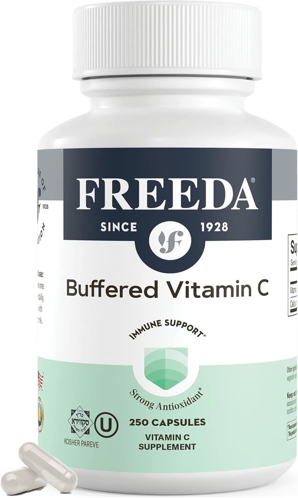 FREEDA Vitamina C - Vitamina Buffered C 500mg - Kosher - Potente Antioxidante Apoyo Inmunitario - Vitaminas de Stomach Sensitiva C Capsules Calcio Ascorbato - Vitamina C 500 mg - Suplemento VIT C (250 Conde)
