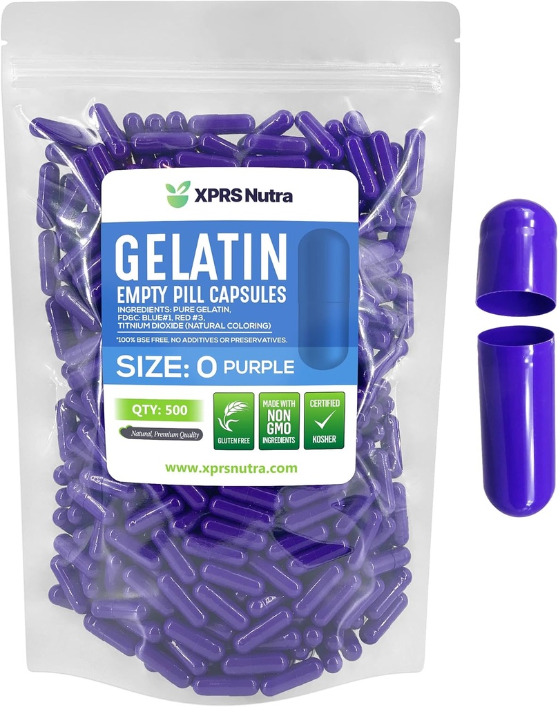 XPRS Nutra Size 0 Empty Capsules - 500 Count Empty Gelatin Capsules - Pills DIY Capsule Filling - Pure Bovine Pill Gel Caps for Do-It-youself Supplements (Purple)