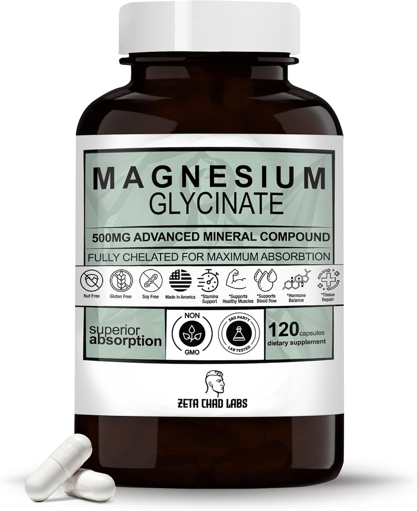 Glycinate de Magnesio - 500mg, 120 cápsulas, 4 meses de suministro, soporta alivio de estrés, sueño, salud cardíaca, nervios, musculos, metabolismo* Vegan, 3er partido testado, Gluten Free, non-GMO por Zeta Chad Labs