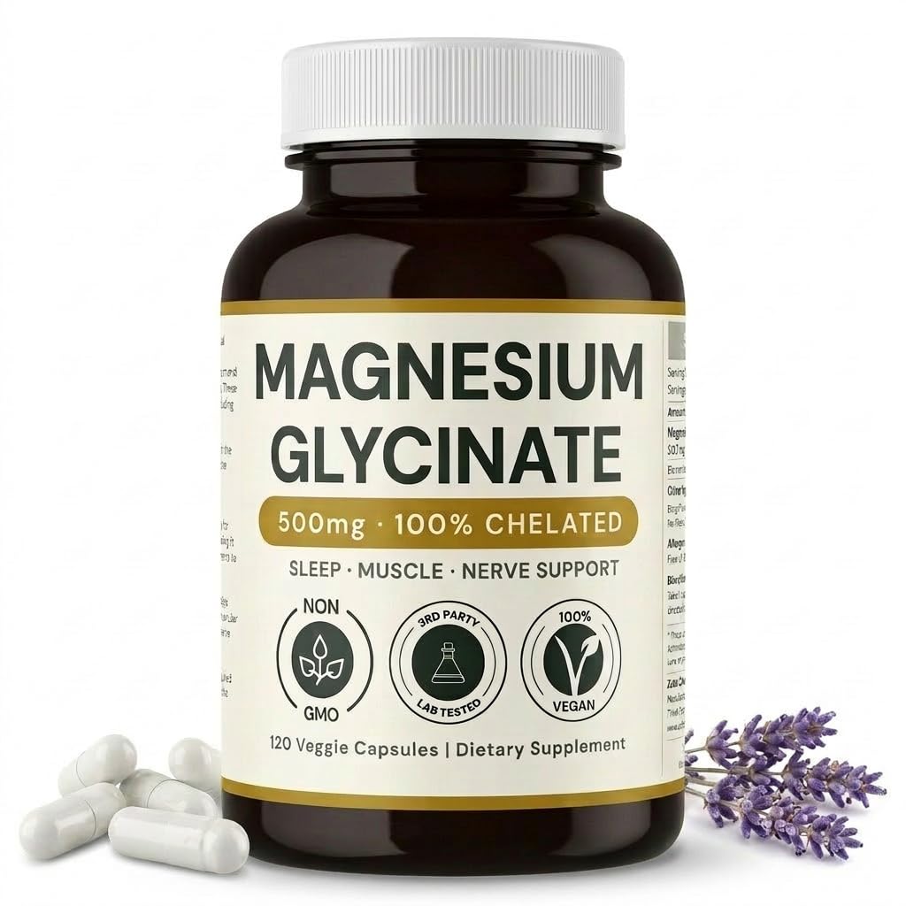 Glycinate de Magnesio - 500mg, 120 cápsulas, 4 meses de suministro, soporta alivio de estrés, sueño, salud cardíaca, nervios, musculos, metabolismo* Vegan, 3er partido testado, Gluten Free, non-GMO por Zeta Chad Labs