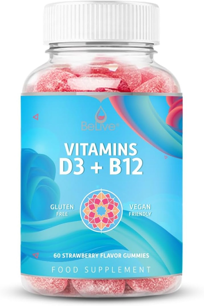 BeLive Vitamina D3 Gummies con vitaminas B12 - 60 Ct I I Immune Support Gummies with Vegan Vitamin B12 & D3, Proporciona Bono mejorado y fuerza muscular, salud cardíaca y energía - sabor a fresa