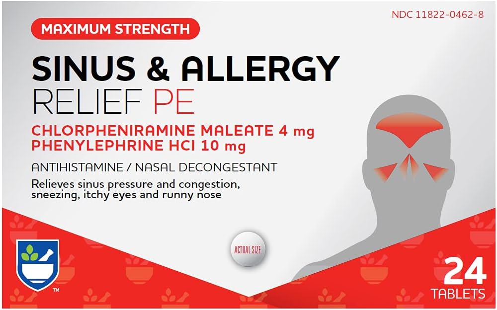 Rite Aid Sinus &amp; Allergy Relief PE Tablets, Maximum Strength- 24 Count ← Antihistamine y Nasal Decongestant TEN 4 Hora Alergía Medicamentos ← Alergía y Congestión Alivio