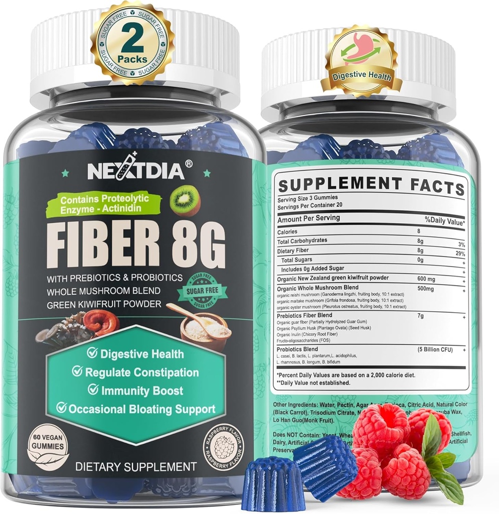 Suplemento de fibra prebiótica libre de azúcar para hombres y mujeres ← 8G High Fiber Gummies with Mushroom,Psyllium Husk, Digestive Enzymes, Guar Gum, Inulin to Support Gut " Digestive Health TEN120 Vegan Gummies