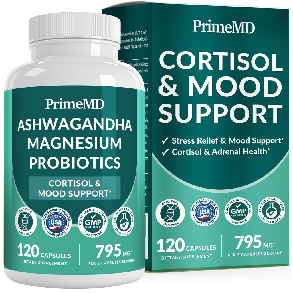 Suplemento de 5-en-1 Cortisol para Mujeres y Hombres con Ashwagandha para la calma, el foco y los suplementos de apoyo adrenal con Shilajit Extracto, Magnesio Glycinate, Probióticos (120 ct) (Pack of 1)