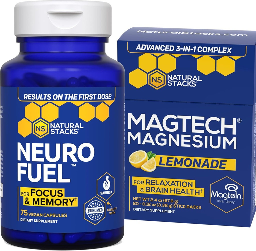 NATURAL STACKS MagTech Magnesium Lemonade + NeuroFuel Nootropic Bundle - Supports Focus &amp; Brain Health* - 45 Total Servings
