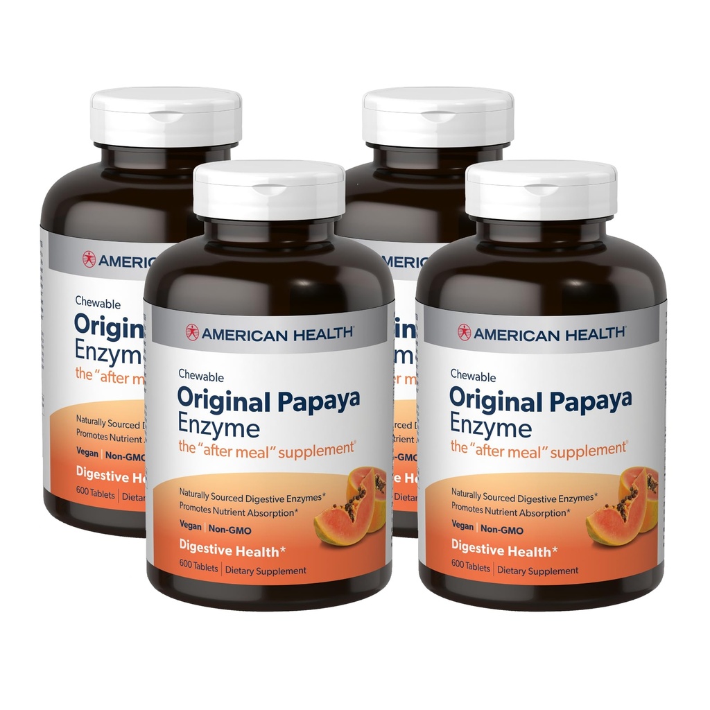 American Health Original Papaya Enzyme - 600 Chewable Tablets, Pack of 4 - The After-Meal Supplement - Non-GMO, Vegan - 800 Total Servings