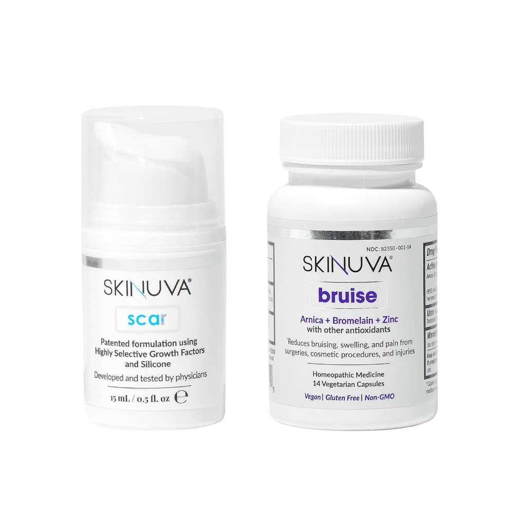 Skinuva® Scar (0,5 oz) " Bruise (14 cápsulas) - Crema avanzada de silicona Formulada con factores de crecimiento " Remedy de brujo homeopático Formulado con Arnica, Bromelain " Zinc