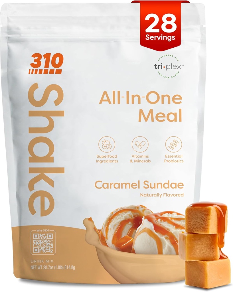 310 Nutrición All-In-One Meal Replacement Shake Powder - Plant-Based Protein Smoothie Blend w/High Fiber, Probiotics & Adaptogens - Low Carb, Vegan, Keto & Paleo Friendly - Caramel Sundae - 28 Srv
