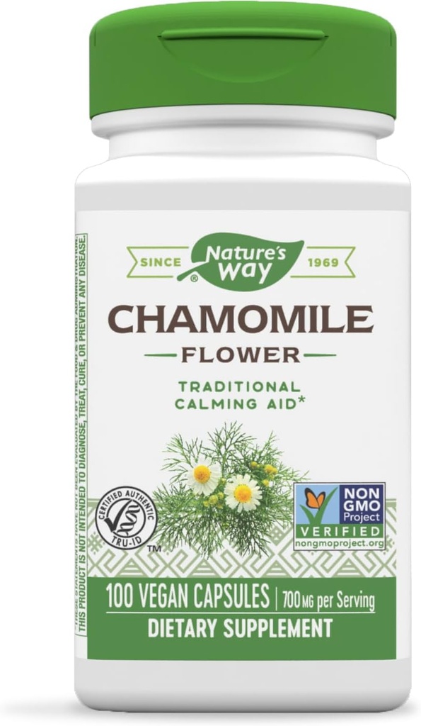 Nature's Way Chamomile Flower - 700 mg per 2-Capsule Serving- Traditional Calming Aid* - Herbal Supplement - Non-GMO Project Verified & Gluten Free - 100 Vegan Capsules