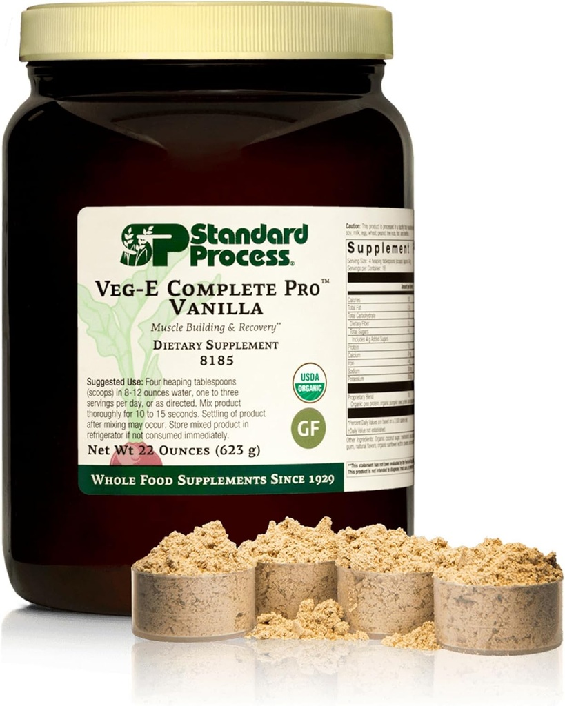 Proceso estándar Veg-E Completo Pro - Polvo de proteína orgánica, de base vegetal para el edificio del músculo " Recuperación - Admite el cabello, la piel " uñas - Vegan " Sin gluten - Vainilla, 18 piezas