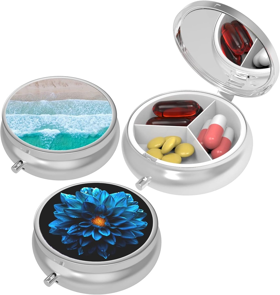 Caja pequeña de pill,Caso para púrpura de púrpura,3 Compartimientos Caja de la pila de viaje Medicamento Organizador Almacenamiento para vitaminas, píldoras, aceite de pescado y pendientes, clavos, Bronce-Pink Flor amarilla