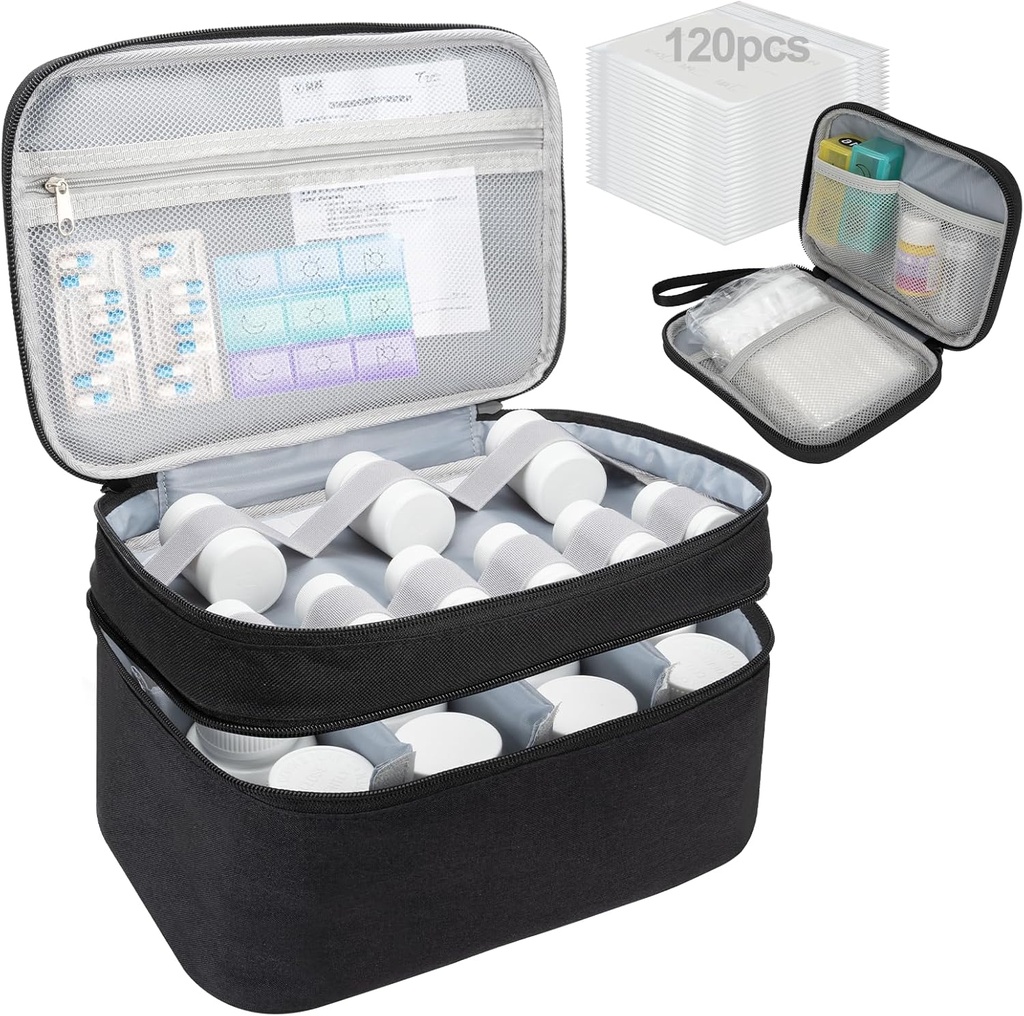 Bolsa de Organizador de Medicamentos, Bolso de Organizador de Botella de Doble capa con Divide ajustable, Bolsa de Viaje de Medicación para Píldoras, Vitaminas, Suministros Médicos para Inicio con Bolsa de Carrete de Pill