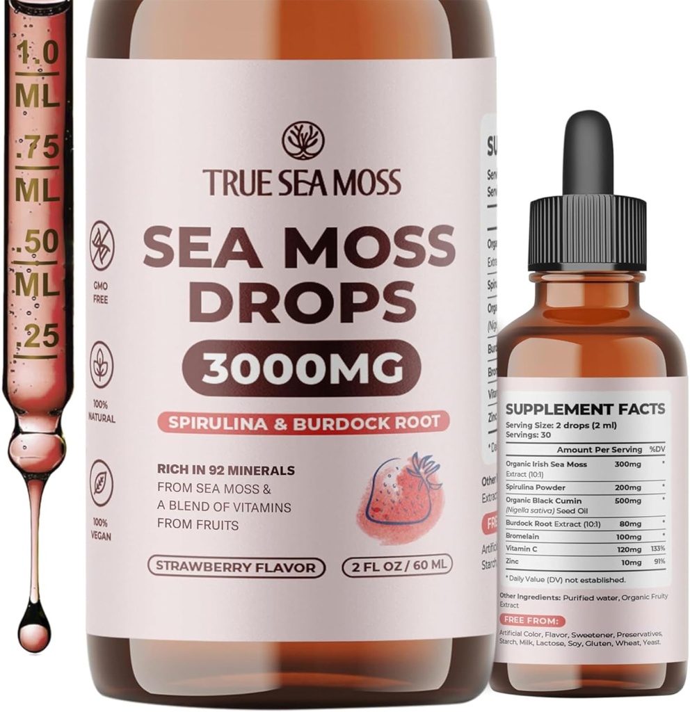 TrueSeaMoss Irish Sea Moss Drops - 5X Stronger Than Sea Moss Gel - 92+ Essentials Minerals - con Spirulina Powder, Burdock Root & Black Cumin - 2 Fl Oz (60ml) - Strawberry Flavor