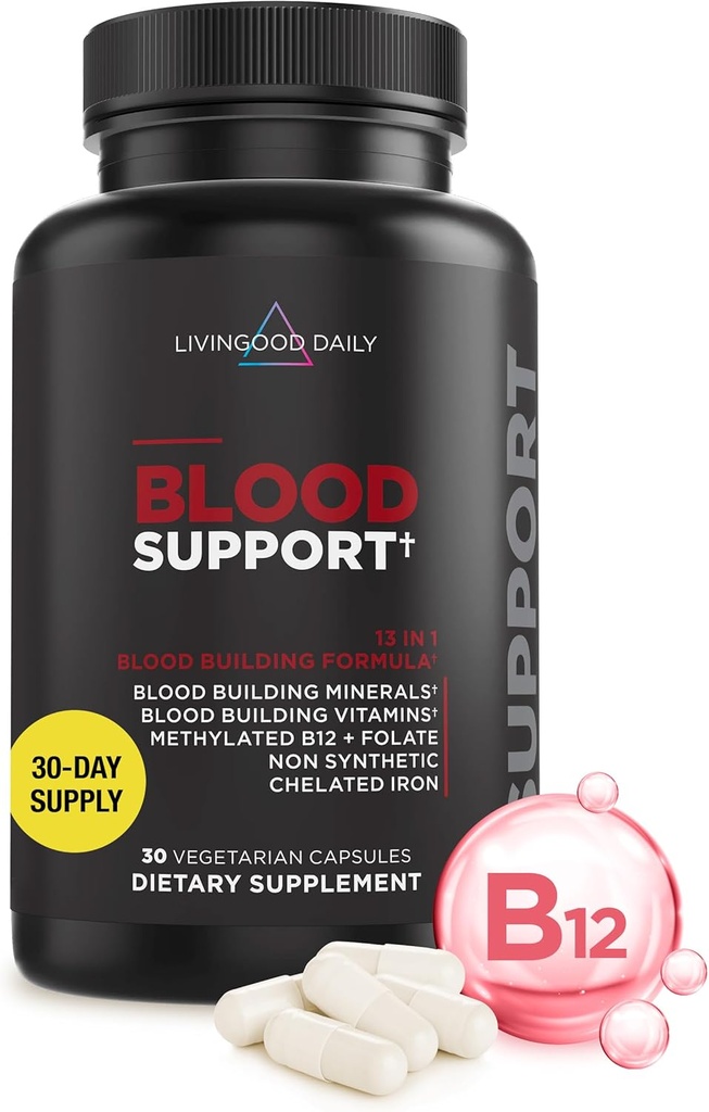 Livingood Daily Iron Supplement for Women ' Men, Blood Support Formula with Chelated Iron, Methylated B12, Vitamina C, Zinc & Folate, Vegan, Non GMO, Gluten Free, Allergen Free, 30 Capsules