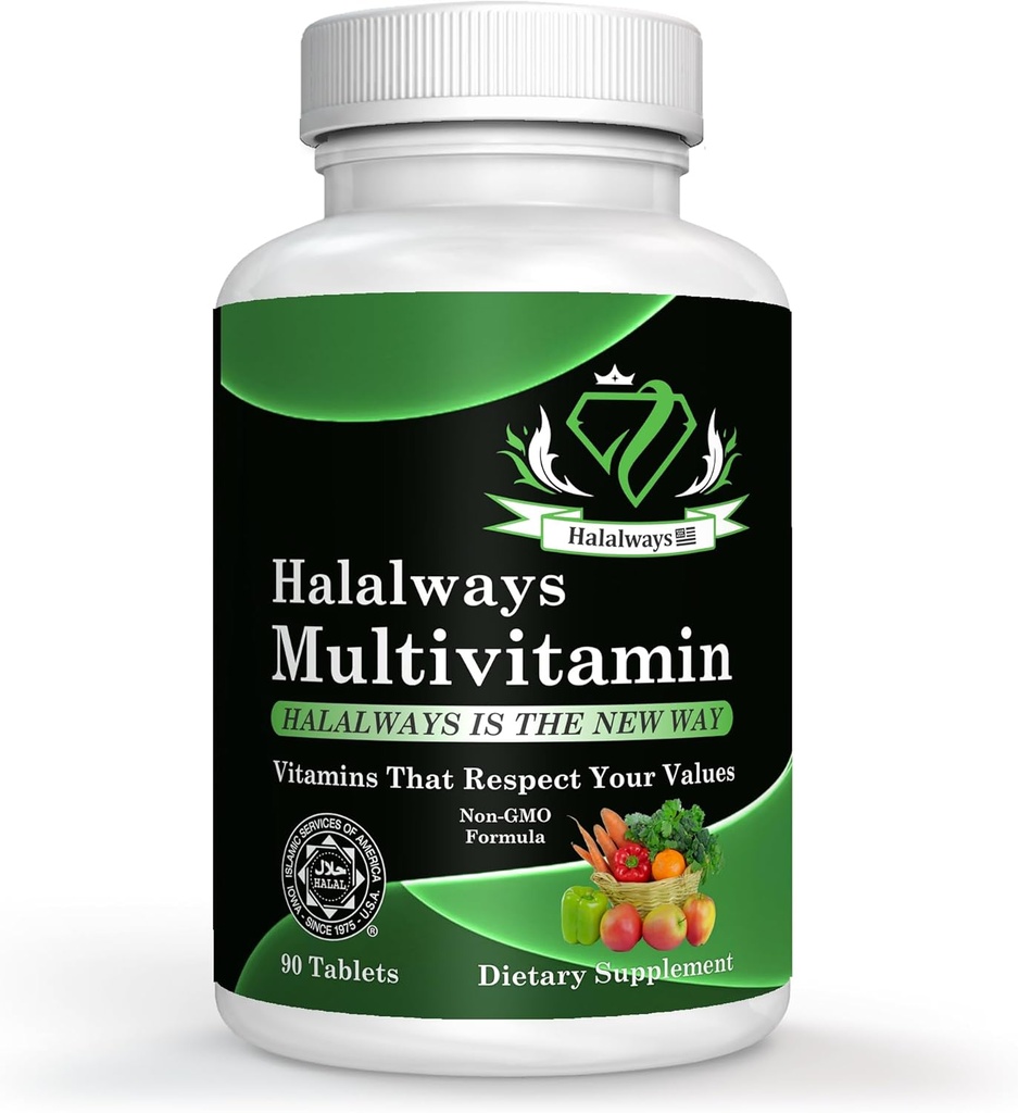 Halalways Multivitamínico Certificado Multivitamínico, Suplemento Tableta con Vitamina A, Vitamina C, Vitamina D, Vitamina E y Zinc para Apoyo a la Salud Inmune, B12, Calcio &amp; Más
