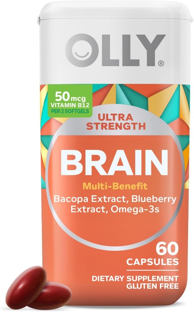 OLLY Ultra Strength Brain Softgels, Nootropic, soporta la función sana del cerebro, memoria, foco y concentración, Omega-3, vitaminas B6 y B12, 30 Day Supply - 60 Cuenta