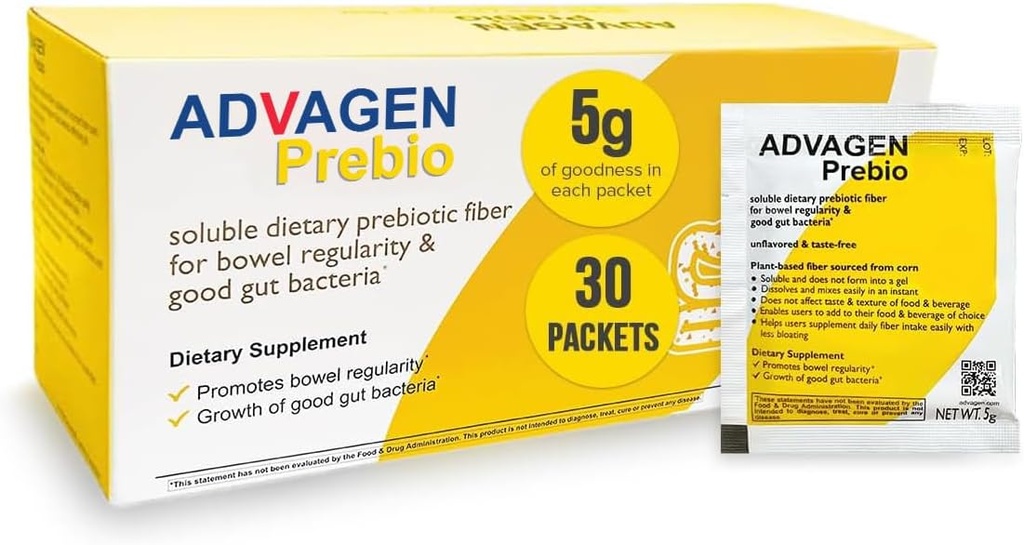 ADVAGEN, Prebio Fiber Suplemento Polvo Desarrollado - Soluble Prebiótico Fibra Polvo, Desarrollado en los paquetes Go, Non GMO apoya Gut Health, Bloating &amp; Constipation Relief for Women Men 30 Servings