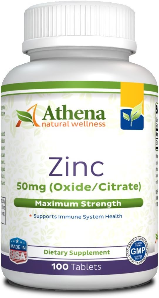 Athena - Suplemento Zinc Tablets 50mg - Oxide/Citrate - 100 Coated Tablets