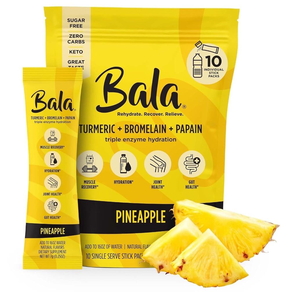 Bala Enzyme Hydration " Sugar-Free Drink Mix - Turmeric, Bromelain, Papain, Inmunity, Mobility - Pineapple 0.25oz (10 Count)