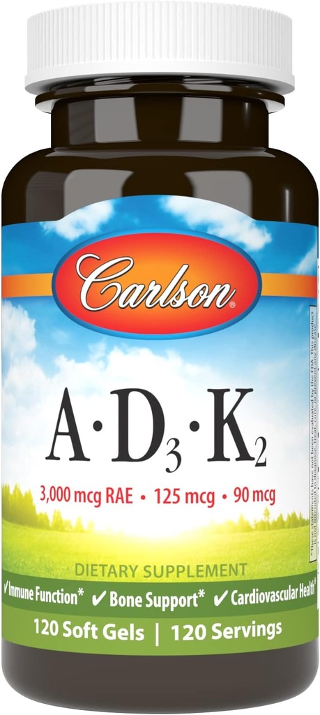 Carlson - Vitaminas A, D3, K2, 3000 mcg RAE Vitamina A, 125 mcg Vitamina D3, 90 mcg Vitamina K2 como MK-7, Bone Building, Calcium Utilization, 120 Soft Gels