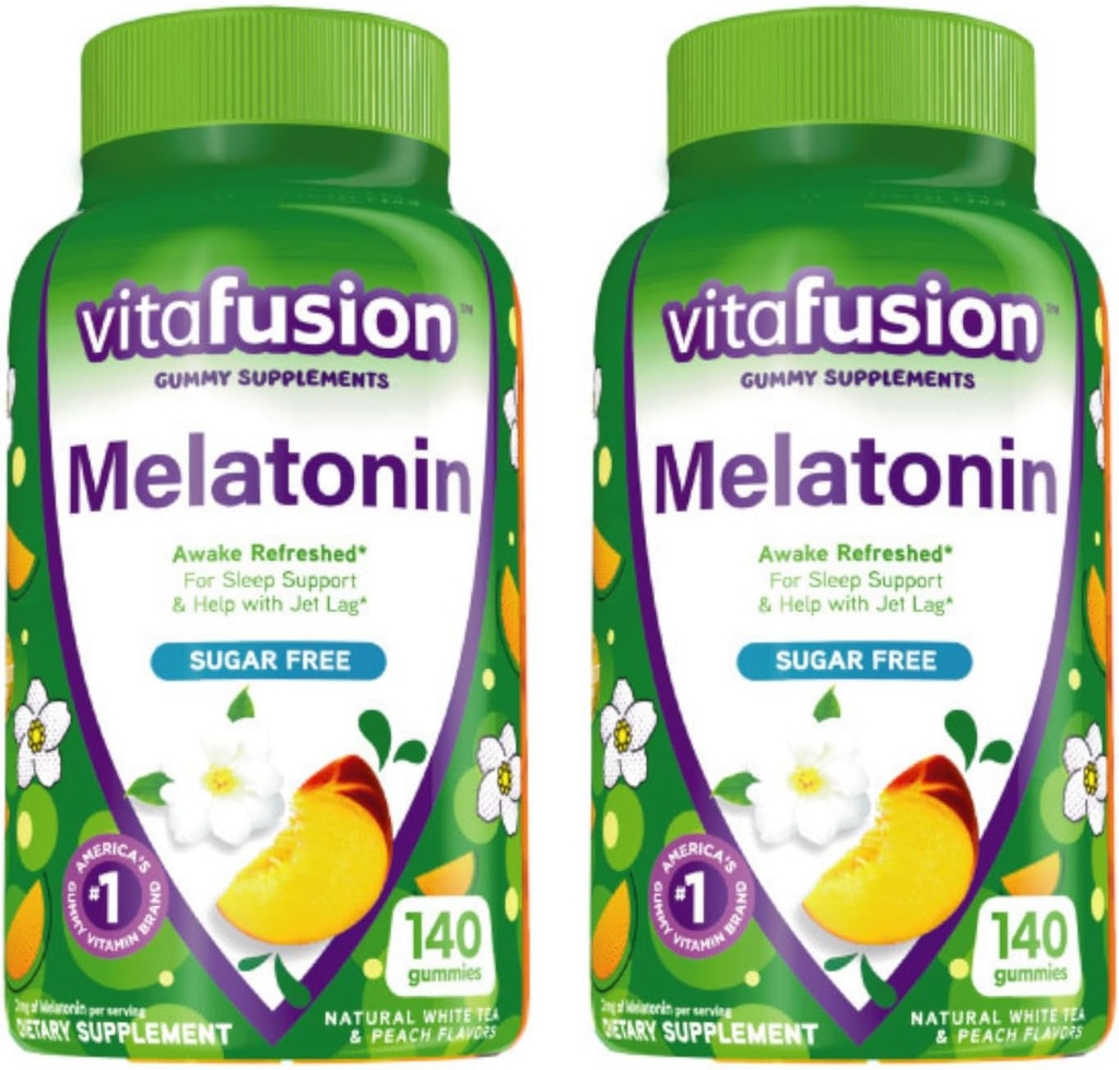 Vitafusion 3 mg Melatonin Gummy Suplemento, Awake Refreshed, Sleep Support & Jet Lag Aid, Sugar-Free, Dietary Supplement, Natural White Tea & Peach Flavors, 140 Conde (Pack of 2)