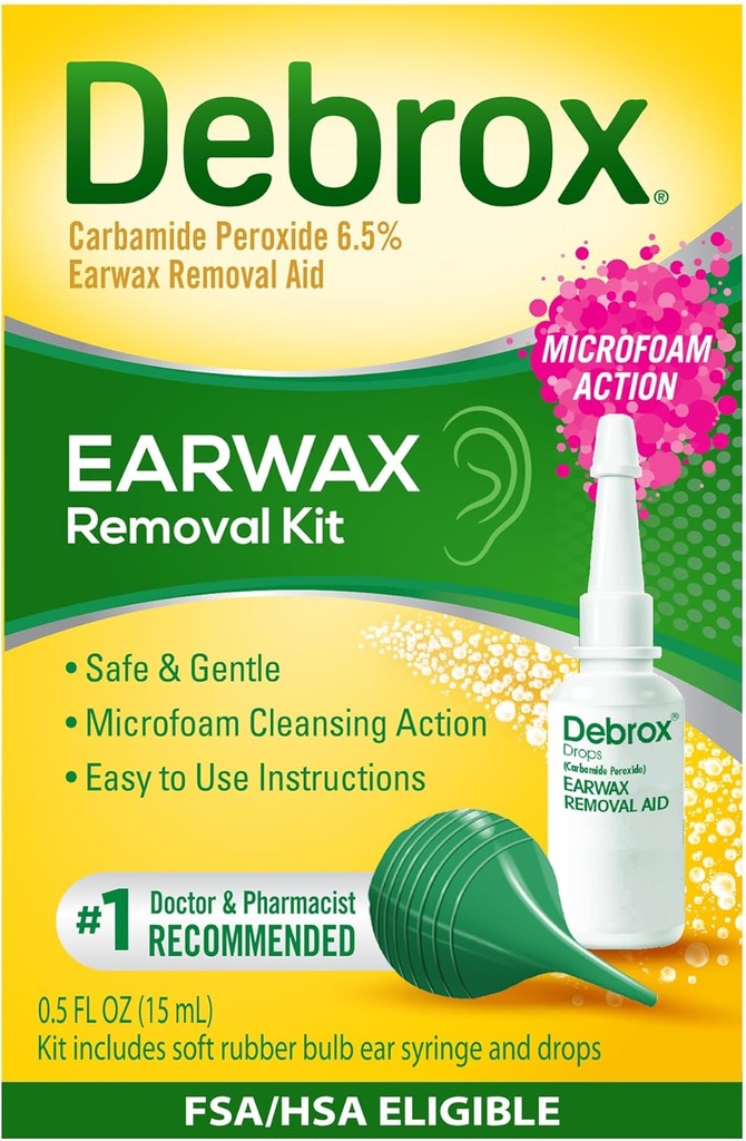 Debrox Ear Wax Removal Kit, Bulb Syringe & 0,5 Fl Oz Ear Wax Removal Gotas con Carbamide Peroxide