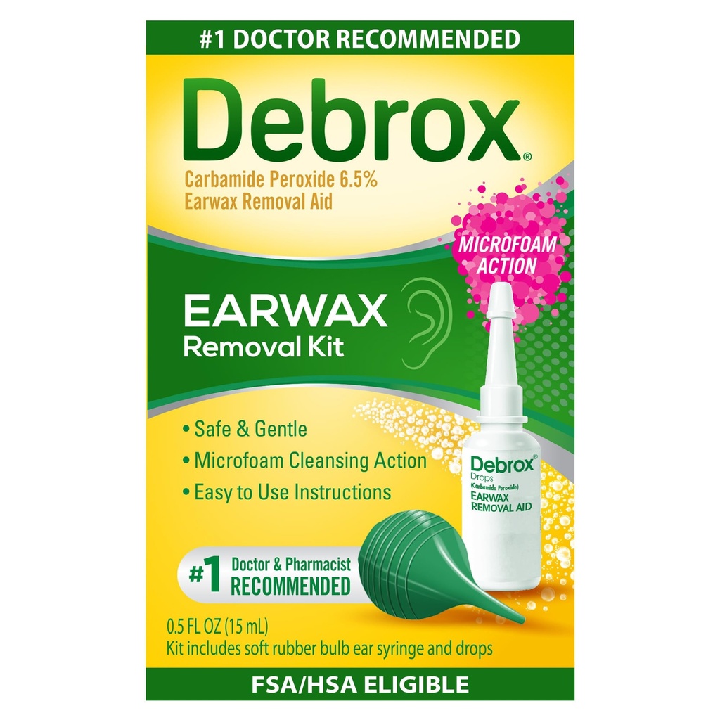 Debrox Ear Wax Removal Kit, Bulb Syringe & 0,5 Fl Oz Ear Wax Removal Gotas con Carbamide Peroxide