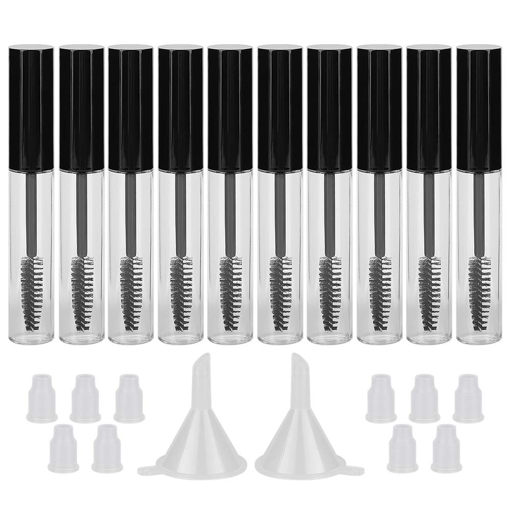 GTHER 10PCS 10ML Empty Mascara Tube Bottle with Eyelash Wand, Rubber Inserts &amp; Funnels Set for Castor Oil/Growth Oil, DIY Cream Container with Cap, Black