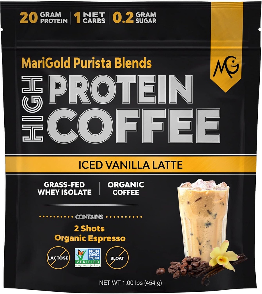 MariGold High Protein Coffee - Iced Vanilla Latte, 20g Grass-Fed Whey Protein Isolate, Energy & Workout Boost, 2 Shots Organic Espresso, Non-GMO, 1 Net Carb, 1 Lb Bag, 15 Servings