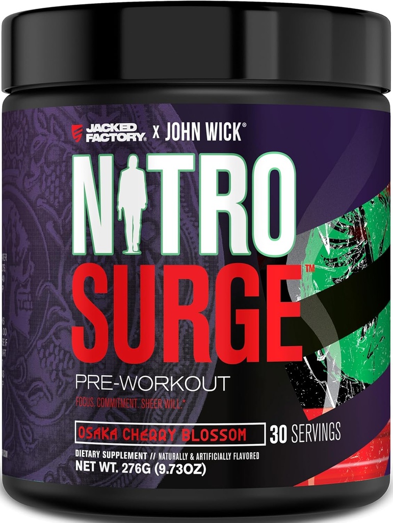 Jacked Factory X John Wick - Nitrosurge Wick Pre Workout Suplemento - Energía intensa, Battle-Ready Focus, Compromiso imparable, y Sheer Will - 30 Servimientos, Osaka Cherry Blossom