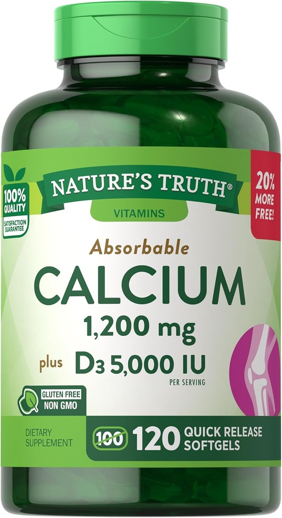 Verdad de la naturaleza Calcio 1200 mg Más Vitamina D3 5000 UI Suplementos, 120 Cuenta (Pack of 3)