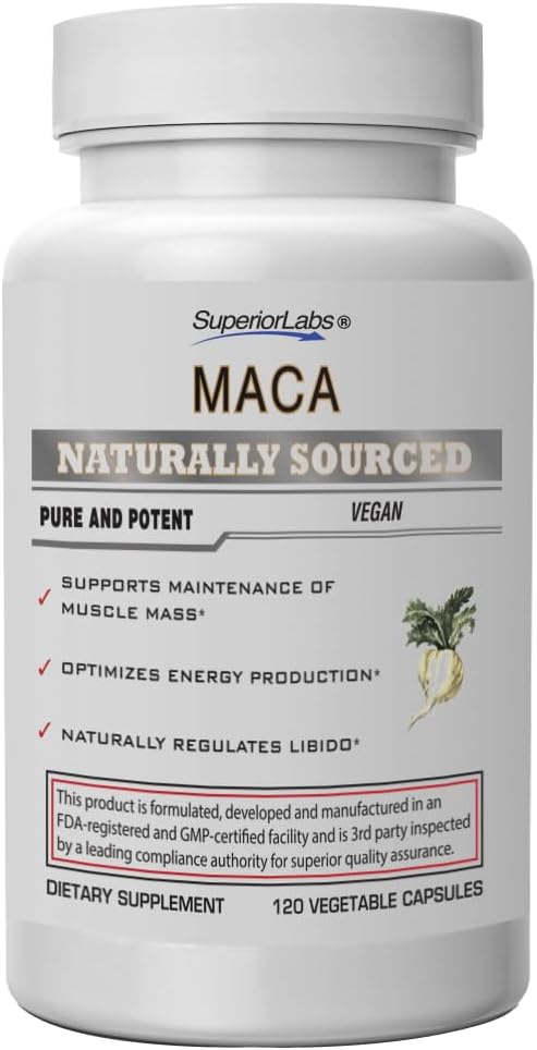 Superior Labs - Organic Peruvian Maca - 100% Pure NonGMO - Dietary Supplement for Calming and Relaxation - Zero Synthetic Additives, Stearates, Dioxides - 750mg, 120 Vegetable Capsules