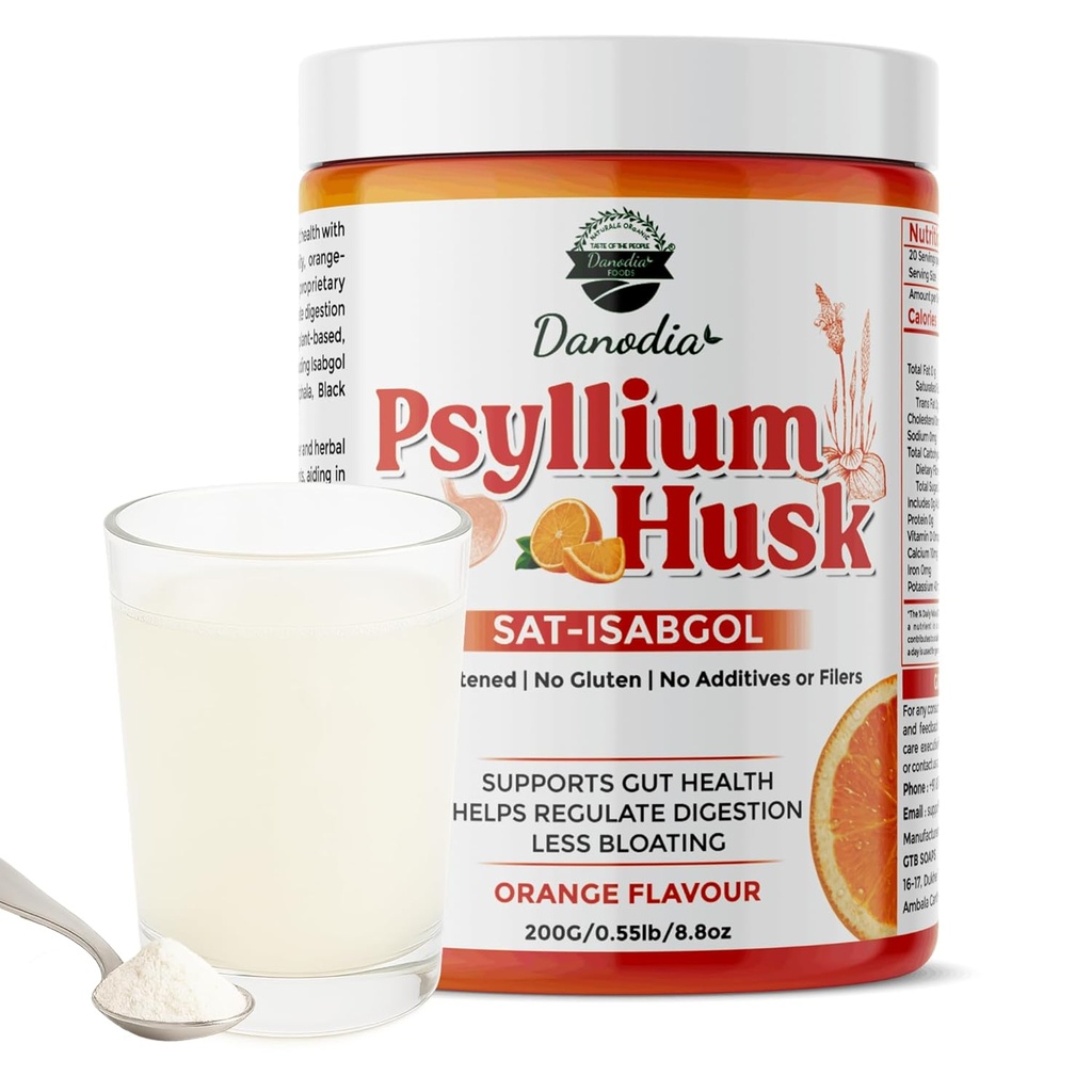 Danodia Foods Organic Psyllium Husk Powder Mild Orange Flavor, 200g (8.8oz) | Sat-Isabgol with 5 Added Herbs | Unsweetened, Gluten-Free, Natural Fiber Supplement for Digestive Health