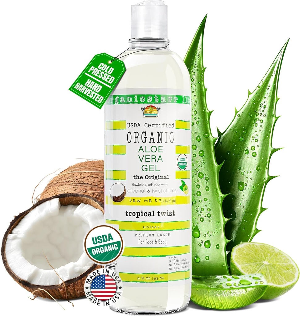 USDA Certified Organic Aloe Vera Gel 12 oz - 100% Puro, Frío Presionado, Agarrado a mano, Infundido con Coco, Lime & Verbena Aceites Esenciales, Libre de Productos Químicos - Cuidado de Cabello, Made in USA