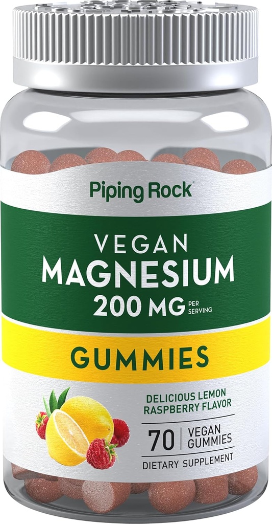 Piping Rock Magnesium Citrate Gummies 200 mg TENED 70 Conde TENGA Fórmula Vegan TENIDO Lemon Raspberry Flavor ← Dietary Supplement ANTE Vegetarian, Non-GMO, Gluten Free
