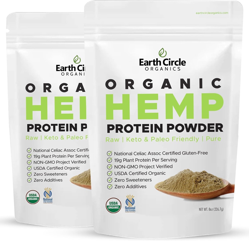 Círculo de la Tierra Orgánica Hemp Protein Powder, Lab Tested 100% Gluten Free, Plant Based & Vegan Raw Protein Powder - Perfect for Keto, Meal Replacement Shakes, Pre &amp; Post Workout (8oz, Pack of 2)