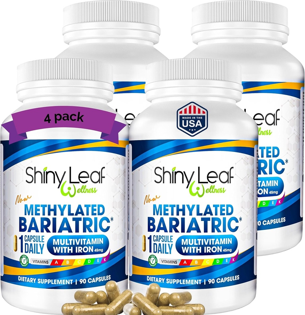 Shiny Leaf Methylated Bariatric Multivitamin with Iron 45mg – Once Daily Capsule, ASMBS Compliant Bariatric Vitamins for Gastric Bypass & Gastric Sleeve, for Men & Women, USA Made – 4 Pack (360 Count)
