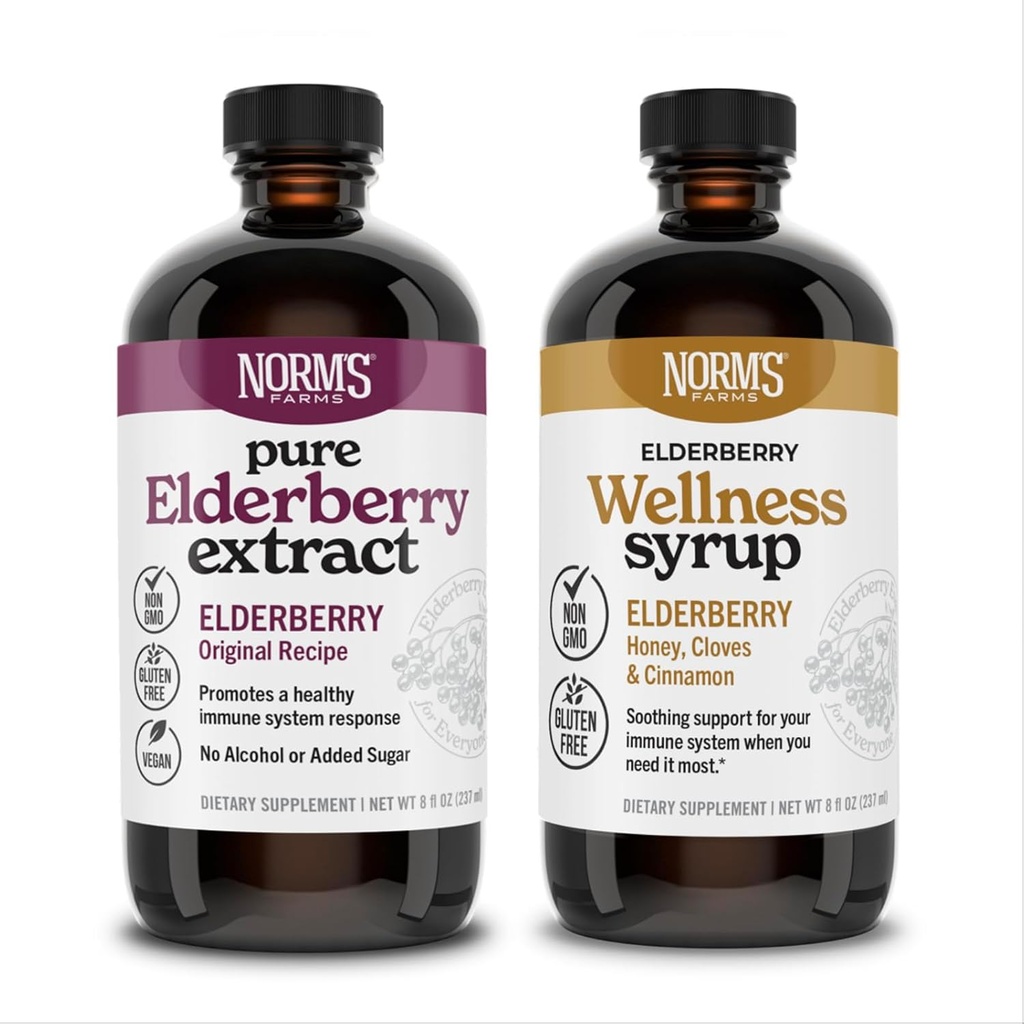 Las granjas de Norm Elderberry Extract &amp; Wellness Syrup Bundle 2 PK - Immune Support Elderberry Syrup for Kids &amp; Adults - Made in USA, Pure, Potent, Natural Ingredients, Vegan, Gluten-Free, Non-GMO - 8 Oz