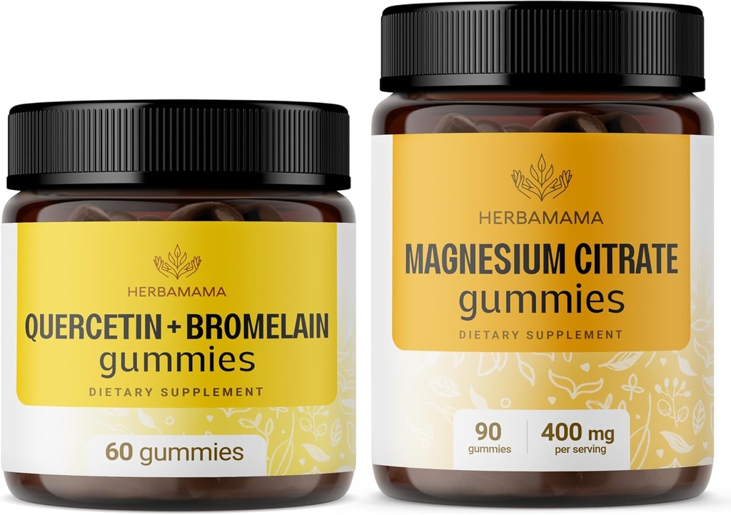 HERBAMAMA Quercetin and Magnesium Gummies Kit - Bundle of 800 mg Quercetin with Bromelain and 400 mg Magnesium Citrate Gummies - Vegan, Non-GMO, Gelatin-Free - 2 Pack