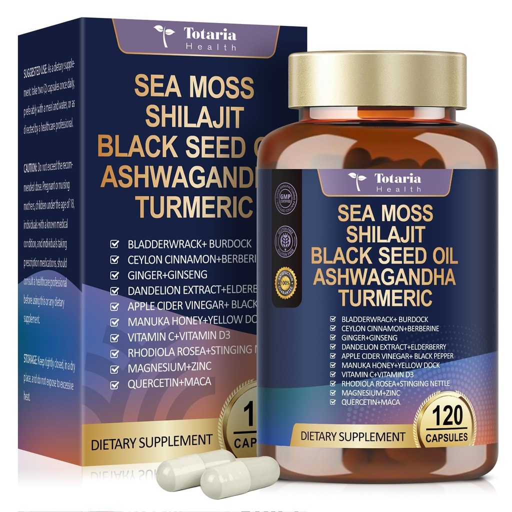 25-in-1 Sea Moss Black Seed Oil Ashwagandha Ginger Shilajit Supplement, Sea Moss Capsules Pro with Bladder Burdock Ceylon Cinnamon Berberine ACV Manuka VIT C &amp; D3 for Men Women, 120 Vegan Caps