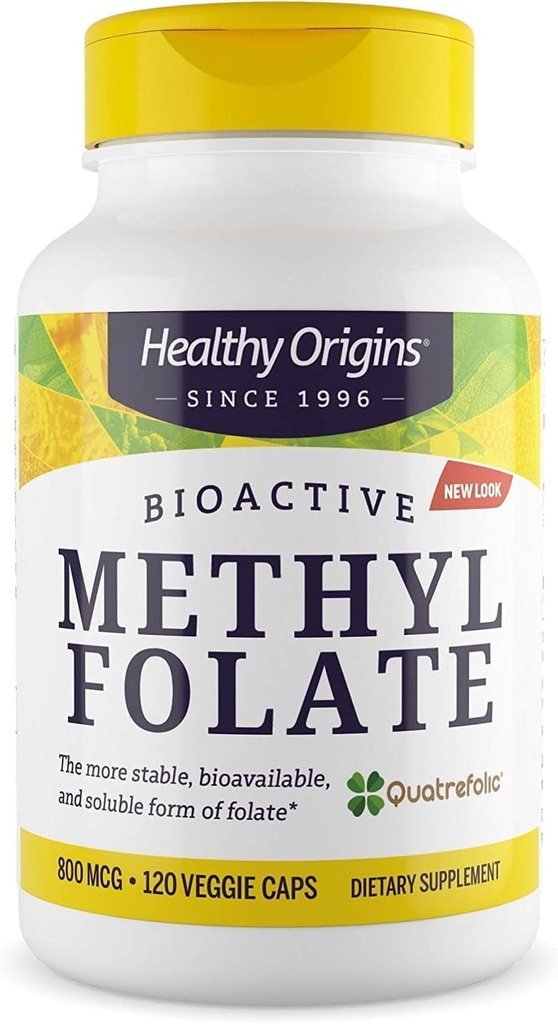 Origenes saludables Metil Folate 800 mcg (Quatrefolic, Non-GMO, Bioavailable Folate, Gluten Free, Neurotransmitter Support), 120 Veggie Caps