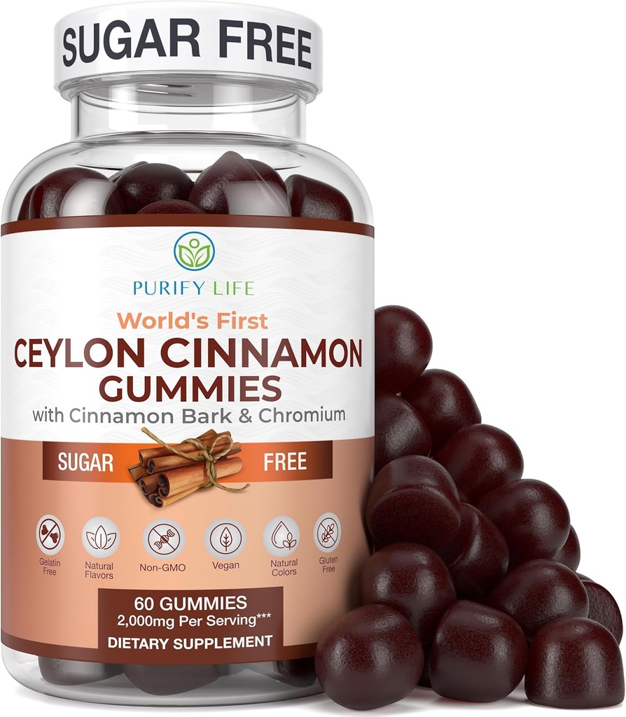 Ceilán sin azúcar Gummies de canela (2.000mg/Serving) Suplemento de canela de Ceylán para la salud del cerebro, Vegan, Gluten-Free, Reemplazar Cápsulas de canela de Ceylán, Píldoras, Polvo, Extracto (60 Chews)